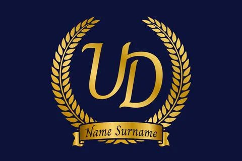 Initial letter U and D, UD monogram logo design with laurel wreath. Luxury .. Illustrazione stock