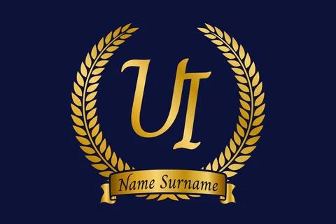Initial letter U and I, UI monogram logo design with laurel wreath. Luxury .. Stock Illustration
