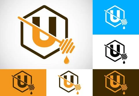 Initial letter U with honeycomb bees logo design vector illustration. Honey.. Stock Illustration