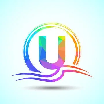 Initial letter U with water ocean waves and the sun. Beach logo design concep 스톡 일러스트
