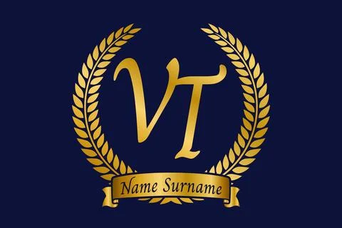 Initial letter V and T, VT monogram logo design with laurel wreath. Luxury .. Stock Illustration
