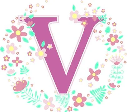 Initial letter v with decorative flowers and design elements isolated on whit Stock Illustration