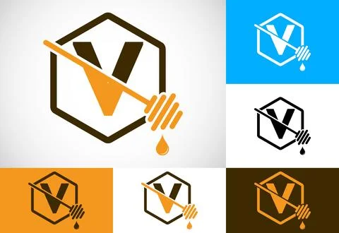 Initial letter V with honeycomb bees logo design vector illustration. Honey.. Stock Illustration