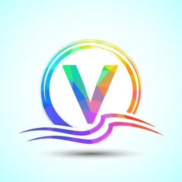 Initial letter V with water ocean waves and the sun. Beach logo design concep Stock Illustration