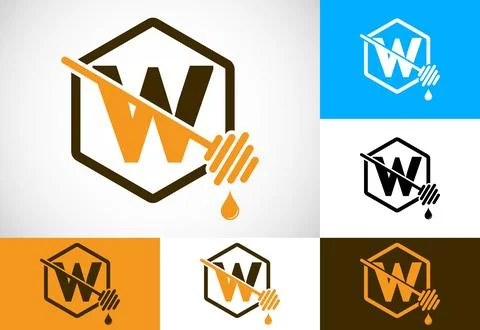 Initial letter W with honeycomb bees logo design vector illustration. Honey.. Stock Illustration