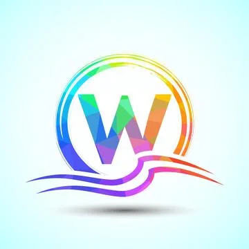 Initial letter W with water ocean waves and the sun. Beach logo design concep 스톡 일러스트