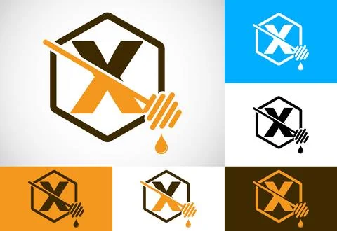 Initial letter X with honeycomb bees logo design vector illustration. Honey.. Stock Illustration