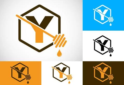 Initial letter Y with honeycomb bees logo design vector illustration. Honey.. Stock Illustration