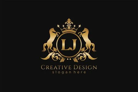 Initial LJ Retro golden crest with circle and two horses, badge template wi.. 库存插图