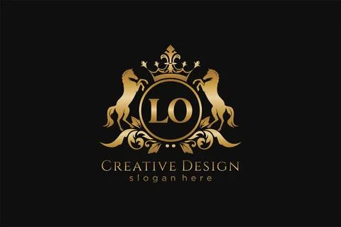 Initial LO Retro golden crest with circle and two horses, badge template wi.. Stock Illustration