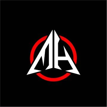 Initial logo arrow M H White color with red ring isolated on black background Illustrazione stock