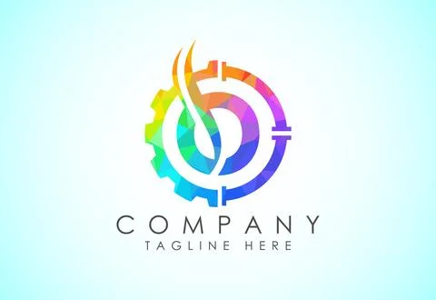 Initial low poly alphabet with gear pipe and flame. Oil and gas logo concept イラスト素材