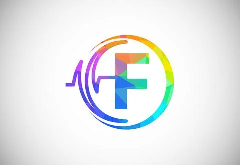 Initial low poly F alphabet with health pulse. Heartbeat logo design. Logo .. Stock Illustration