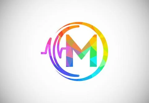 Initial low poly M alphabet with health pulse. Heartbeat logo design. Logo .. Stock Illustration