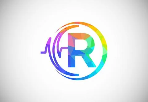 Initial low poly R alphabet with health pulse. Heartbeat logo design. Logo .. Stock Illustration