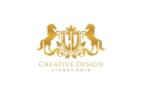 Initial LQ Retro golden crest with shield and two horses, badge template wi.. Illustrazione stock