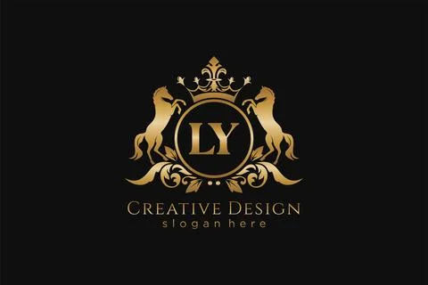 Initial LY Retro golden crest with circle and two horses, badge template wi.. Stock Illustration