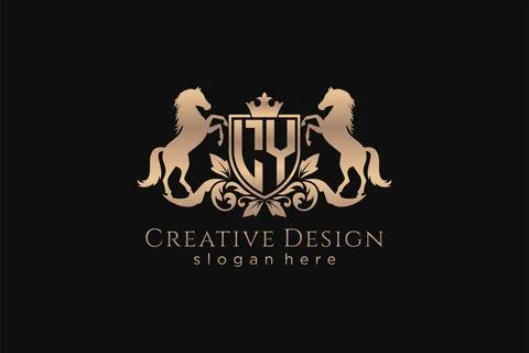 Initial LY Retro golden crest with shield and two horses, badge template wi.. Stock Illustration