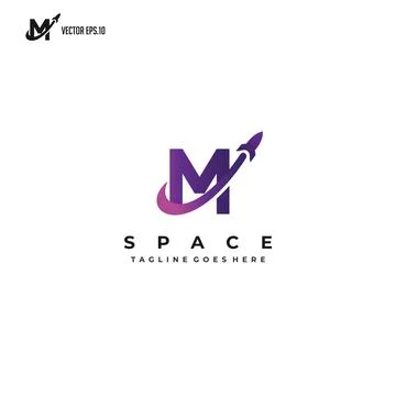 Initial M with flying rocket, space logo design inspiration Stock Illustration