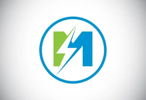 Initial M letter logo design with lighting thunder bolt. Electric bolt lett.. Stock Illustration