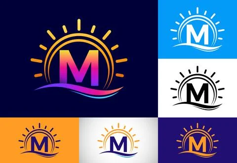 Initial M monogram alphabet with abstract sun and wave. Ocean sun logo desi.. Stock Illustration