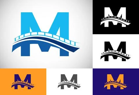 Initial M monogram letter alphabet with bridge sign. Abstract bridge logo d.. Ilustración de archivo