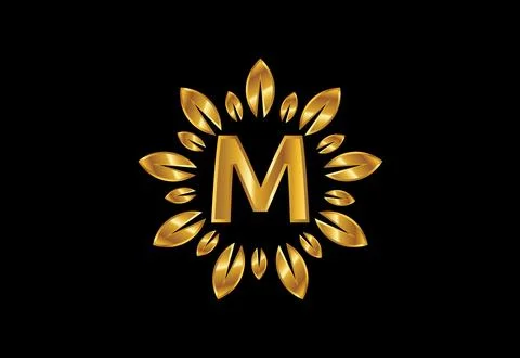 Initial M monogram letter alphabet with golden leaf wreath.Flower logo desi.. Stock Illustration