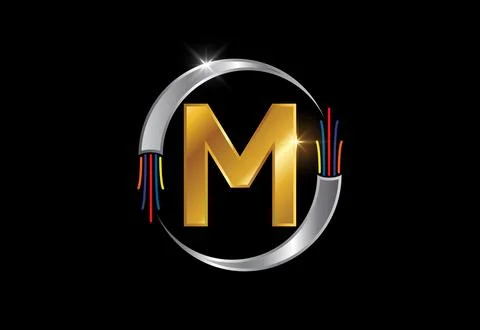 Initial M monogram letter alphabet with electric wire, optical fiber cable... Stock Illustration