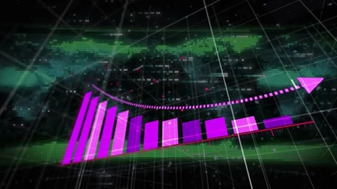 Initial magenta block popping triggers 3D bars rising, dotted arrow sweeping Stock Footage 335651960