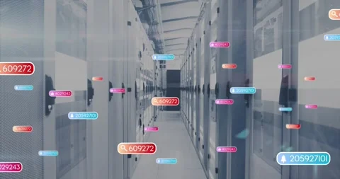 Initial markers appearing, floating labels multiplying through server corridor, Vidéo 321071118