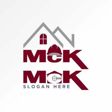 Initial MCK serif with safety helmet and roof house property building project Stock Illustration