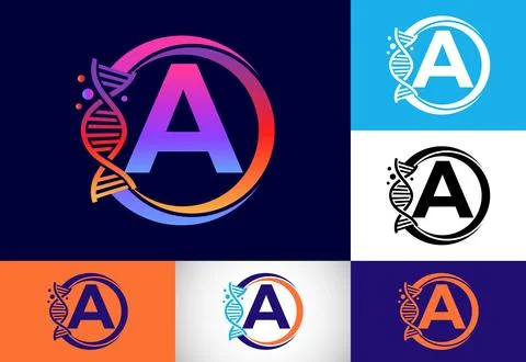 Initial A monogram alphabet in a circle with DNA. Genetics logo design conc.. イラスト素材