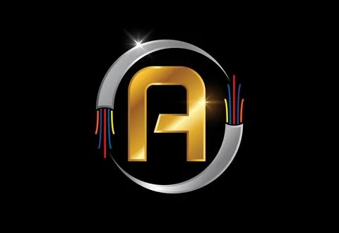 Initial A monogram letter alphabet with electric wire, optical fiber cable... Illustrazione stock
