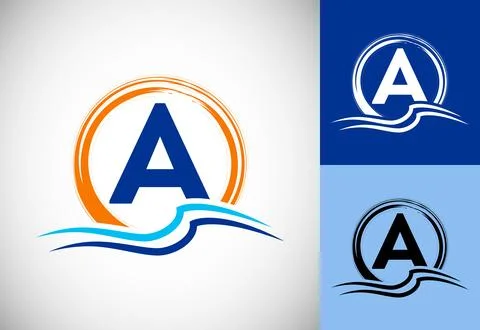 Initial A monogram letter with water ocean waves and the sun. Beach logo de.. 스톡 일러스트