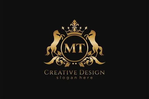 Initial MT Retro golden crest with circle and two horses, badge template wi.. Illustrazione stock