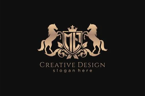 Initial MT Retro golden crest with shield and two horses, badge template wi.. Illustrazione stock