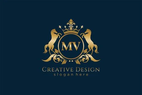 Initial MV Retro golden crest with circle and two horses, badge template wi.. Stock Illustration