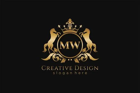 Initial MW Retro golden crest with circle and two horses, badge template wi.. Stock Illustration