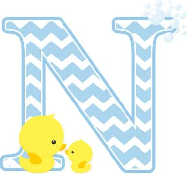 Initial n with bubbles and little baby rubber duck isolated on white backgrou Stock Illustration