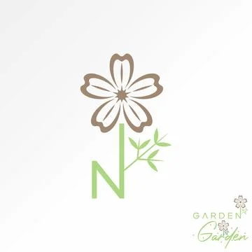 Initial N font with flower stalk leaf fashion decoration garden blossom plant Stock Illustration
