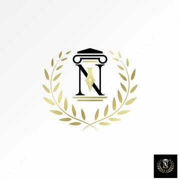 Initial N font pillar pen law advovate stalk leaf leaves emblem badge firm Stock-Illustration