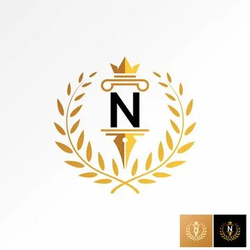 Initial N font pillar pen law lawyer advovate stalk leaves emblem badge firm Stock Illustration