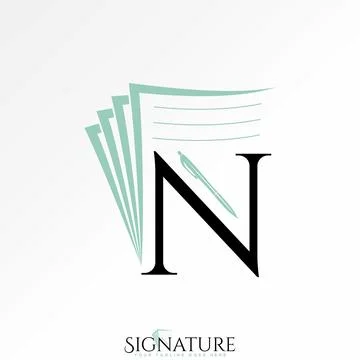 Initial N font with sheet of paper and ballpoint pen signature education book Stock Illustration