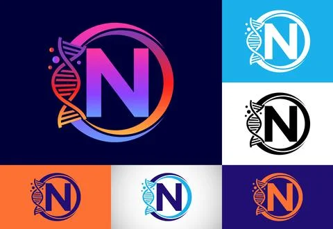 Initial N monogram alphabet in a circle with DNA. Genetics logo design conc.. 스톡 일러스트