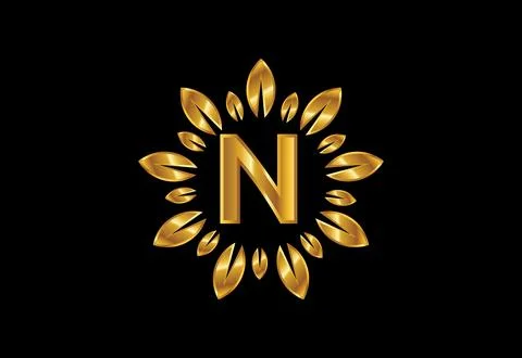 Initial N monogram letter alphabet with golden leaf wreath.Flower logo desi.. Stock Illustration