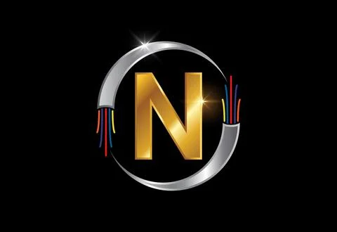 Initial N monogram letter alphabet with electric wire, optical fiber cable... Stock Illustration