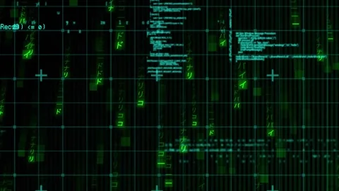 Initial neon code shifting right revealing katakana cascade, pulsing grid Stock Footage 317593015
