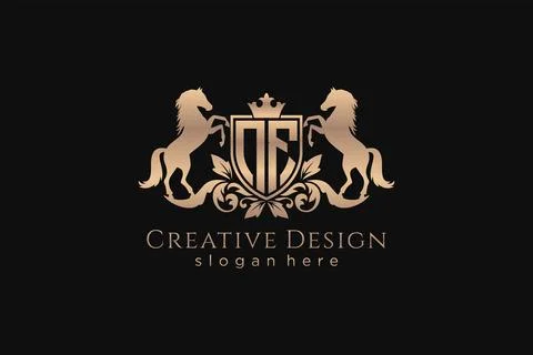 Initial NF Retro golden crest with shield and two horses, badge template wi.. Illustrazione stock
