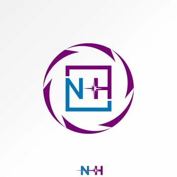 Initial NH line square font star tech circle swoosh rotation monogram branding Illustrazione stock