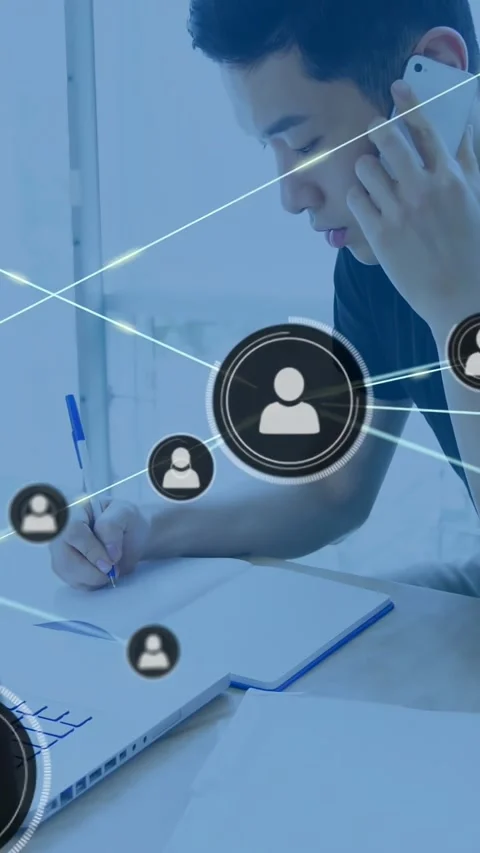 Initial node appearing, network growing nodes and lines, man holding phone Stock Footage 331215434